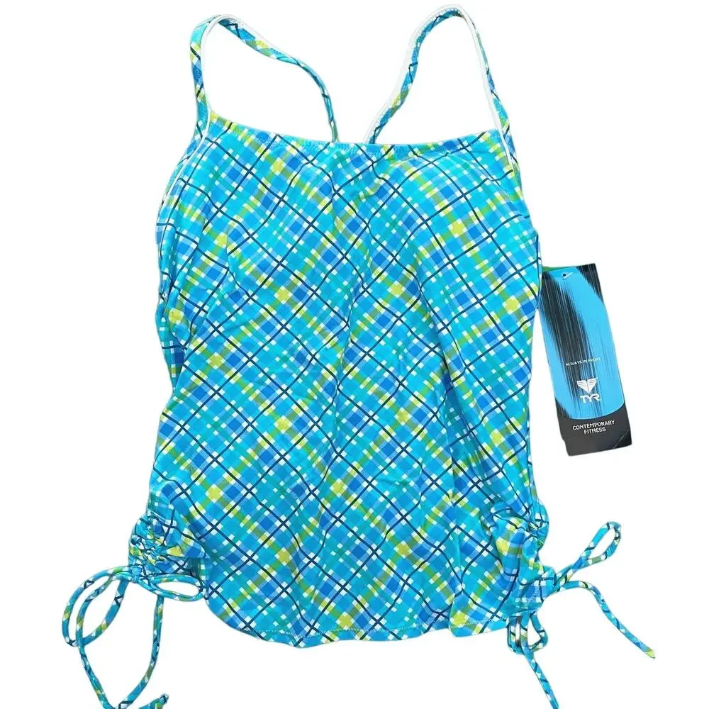 TYR Phoenix Plaid Tankini Swim Top - Blue Lagoon - Size 10 - $54